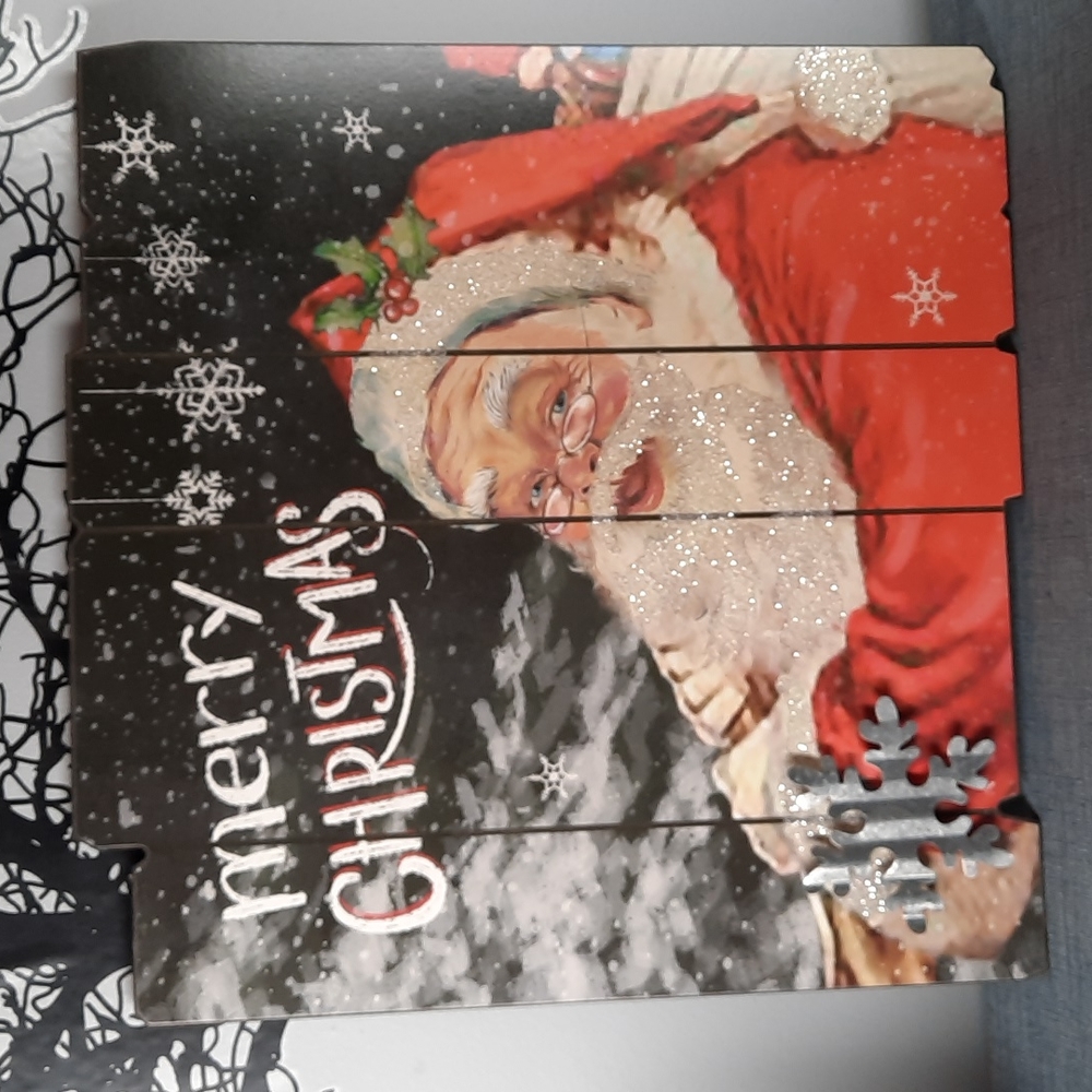 Santa Wall Art Wood Plaque Picture Snowflake Glitter Traditional Merry Christmas